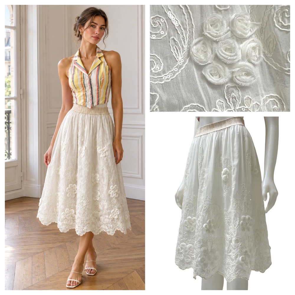 White Silk Cotton Embroidered 3D Rosette Sequin Skirt Italy M Ethereal Boho Chic